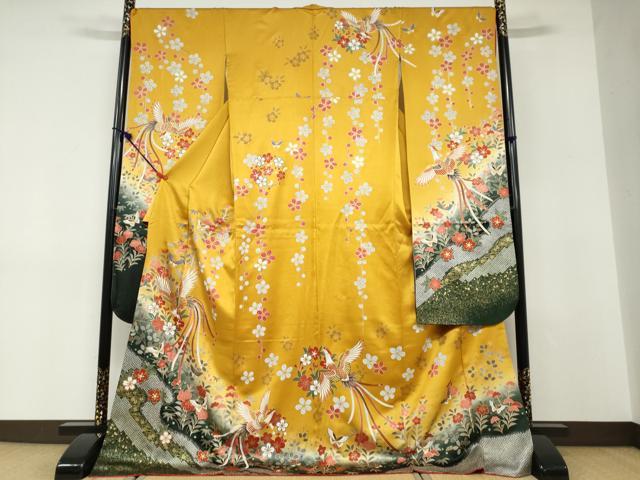 平和屋着物●豪華振袖 駒刺繍 鹿の子花鳥文 暈し染め 金彩 正絹 逸品 DABD9168ud