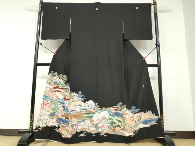 平和屋着物●豪華黒留袖 友禅 作家物 流水風景草花文 正絹 逸品 DABD9184ud