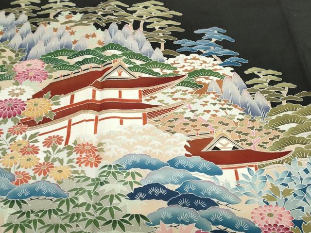 平和屋着物●豪華黒留袖 友禅 作家物 流水風景草花文 正絹 逸品 DABD9184ud