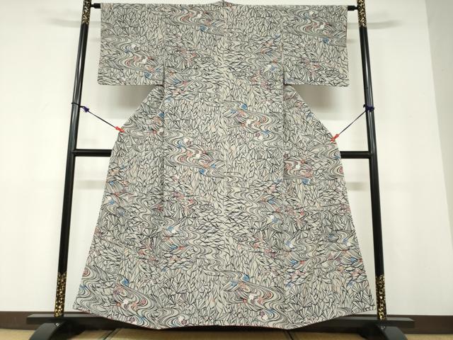 平和屋着物●上質な小紋 型染め 流水花蝶文 正絹 逸品 DABD9193ud