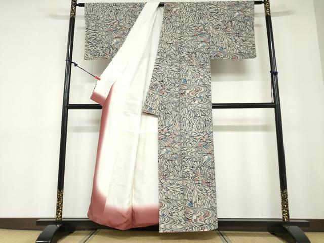 平和屋着物●上質な小紋 型染め 流水花蝶文 正絹 逸品 DABD9193ud