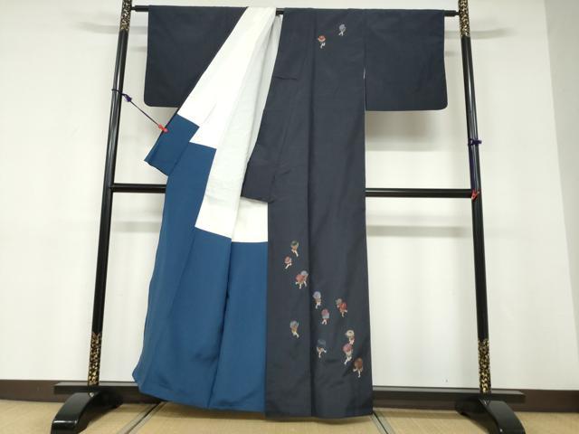 平和屋着物●本場縞大島紬 訪問着 総刺繍 人物文 金糸 正絹 逸品 DABD9194ud