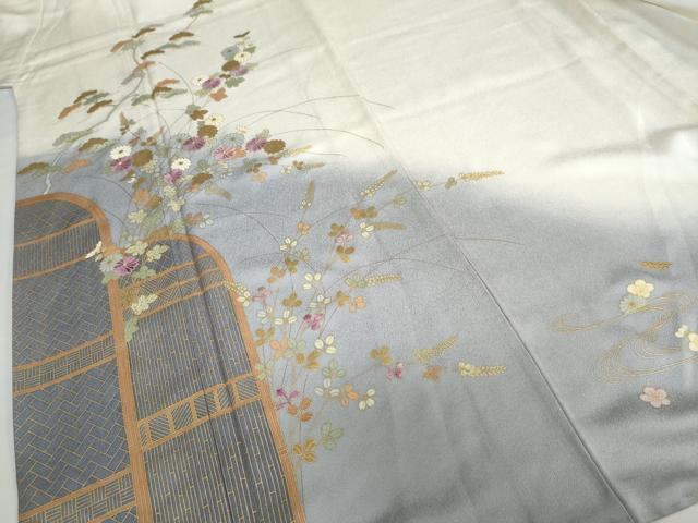 平和屋着物●訪問着 刺繍 流水草花文 暈し染め 金彩 正絹 逸品 DABD9197ud