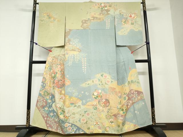 平和屋着物●訪問着 作家物 駒刺繍 流水草花丸文 金彩 正絹 逸品 未使用 DABD9214ud
