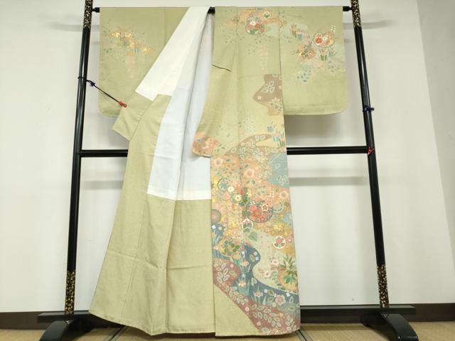 平和屋着物●訪問着 作家物 駒刺繍 流水草花丸文 金彩 正絹 逸品 未使用 DABD9214ud