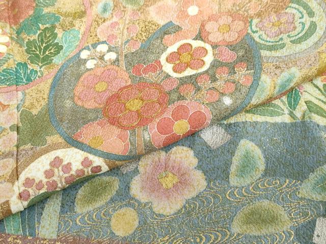 平和屋着物●訪問着 作家物 駒刺繍 流水草花丸文 金彩 正絹 逸品 未使用 DABD9214ud