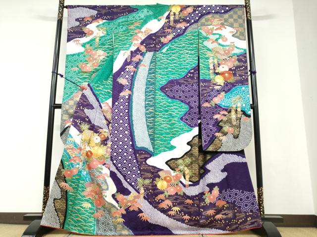 平和屋着物●豪華振袖 駒刺繍 絞り 扇面吉祥草花文 金彩 正絹 逸品 DABD9228ud