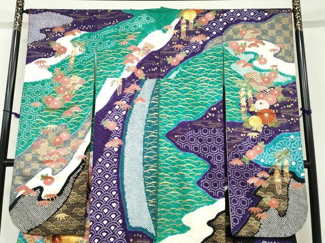 平和屋着物●豪華振袖 駒刺繍 絞り 扇面吉祥草花文 金彩 正絹 逸品 DABD9228ud