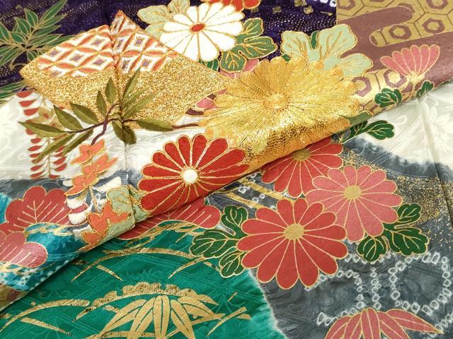平和屋着物●豪華振袖 駒刺繍 絞り 扇面吉祥草花文 金彩 正絹 逸品 DABD9228ud