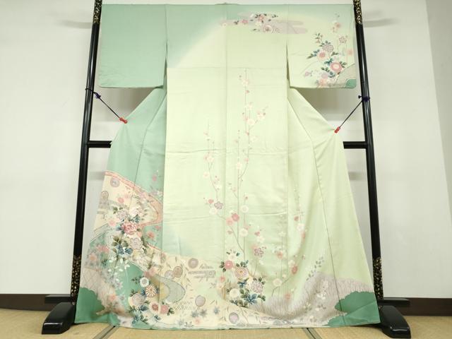 平和屋着物●訪問着 駒刺繍 流水鹿の子草花文 暈し染め 金銀彩 正絹 逸品 DABD9280ud
