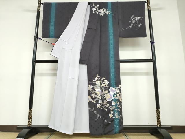 平和屋着物●金彩友禅 卓越技能者・名工・和田光正 中国三大刺繍 スワトウ刺繍 汕頭刺繍 訪問着 花織 紬地 花唐草文 金彩 DABD9307ud