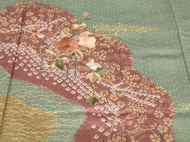 平和屋着物●訪問着 絞り 刺繍 道長草花文 金彩 正絹 逸品 DABD9327ud