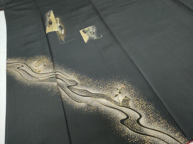 平和屋着物●訪問着 流水花鳥文 暈し染め 黒地 金彩 正絹 逸品 DABD9357ud