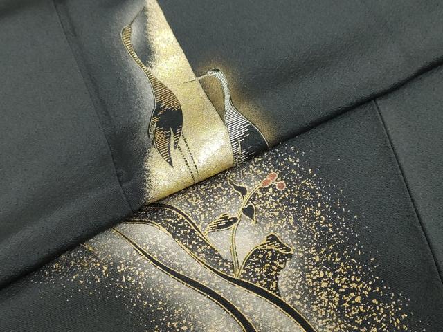 平和屋着物●訪問着 流水花鳥文 暈し染め 黒地 金彩 正絹 逸品 DABD9357ud