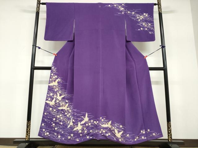 平和屋着物●訪問着　駒刺繍　飛鶴草花文　金彩　鬼しぼ縮緬　正絹　逸品　DABD9363ud 平和屋着物○訪問着 駒刺繍 飛鶴草花文 金彩 鬼しぼ縮緬