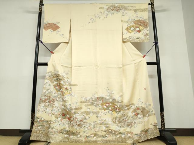 平和屋着物●訪問着　作家物　駒刺繍　地紙草花文　金彩　正絹　逸品　DABD9387ud 平和屋着物○訪問着 作家物 駒刺繍 地紙草花文 金彩 正絹