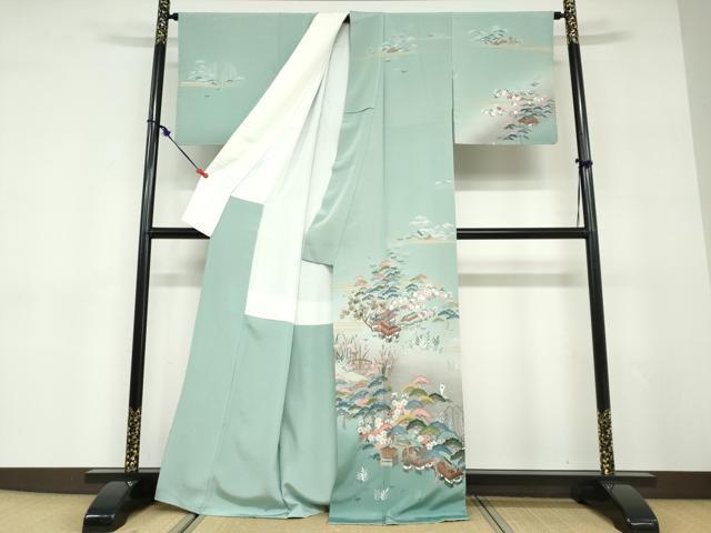 平和屋着物●中国三大刺繍 蘇州刺繍 訪問着 作家物 流水風景草花文 暈し染め 金糸 正絹 逸品 未使用 DABD9390ud