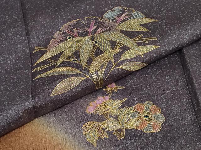 平和屋着物●訪問着 紬地 総刺繍 貝紫 玉虫 雪輪草花文 金糸 正絹 逸品 DABD9405ud