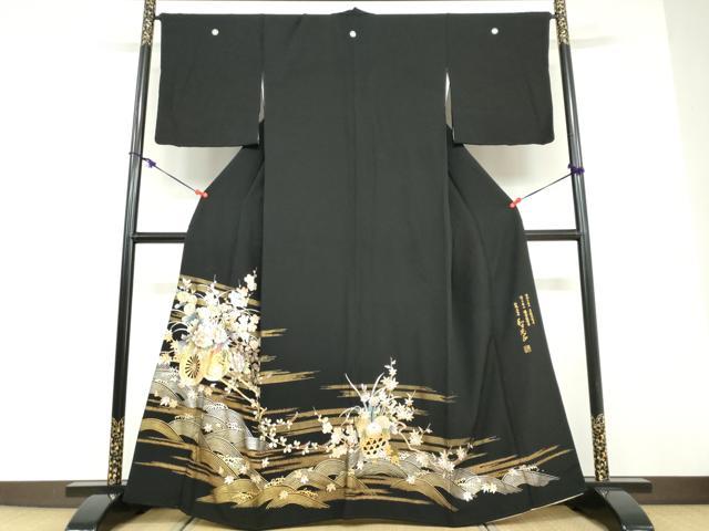 平和屋着物●金彩友禅 卓越技能者・名工・和田光正 黒留袖 立波花車文 金彩 正絹 逸品 DABD9406ud