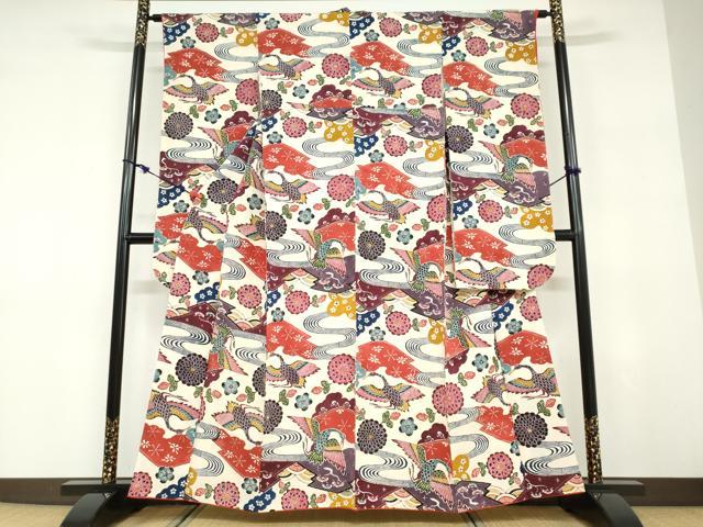 平和屋着物●豪華振袖 型染め 流水花鳥文 鬼しぼ縮緬 正絹 逸品 DABD9420ud