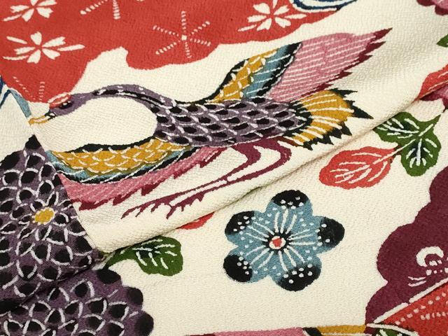 平和屋着物●豪華振袖 型染め 流水花鳥文 鬼しぼ縮緬 正絹 逸品 DABD9420ud