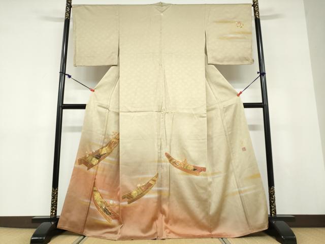 平和屋着物●人間国宝 福田喜三郎 訪問着 刺繍 草花小舟文 暈し染め 金彩 正絹 逸品 DABD9431ud