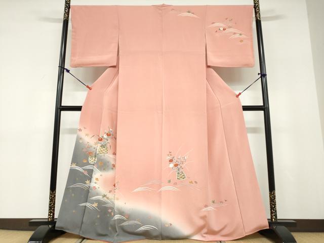 平和屋着物●訪問着 流水飾花文 暈し染め 金彩 鬼しぼ縮緬 正絹 逸品 DABD9448ud