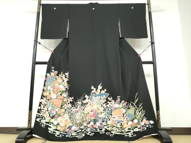平和屋着物●豪華黒留袖 流水草花文 金彩 正絹 逸品 DABD9464ud