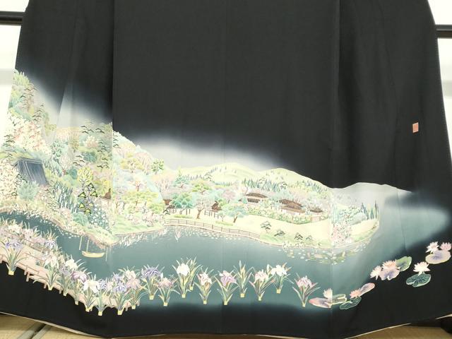 平和屋着物●豪華黒留袖 友禅 作家物 流水風景草花文 暈し染め 正絹 逸品 DABD9476ud