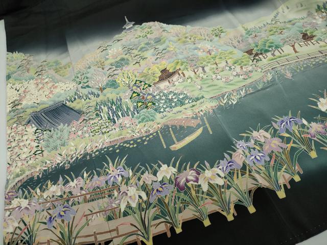 平和屋着物●豪華黒留袖 友禅 作家物 流水風景草花文 暈し染め 正絹 逸品 DABD9476ud