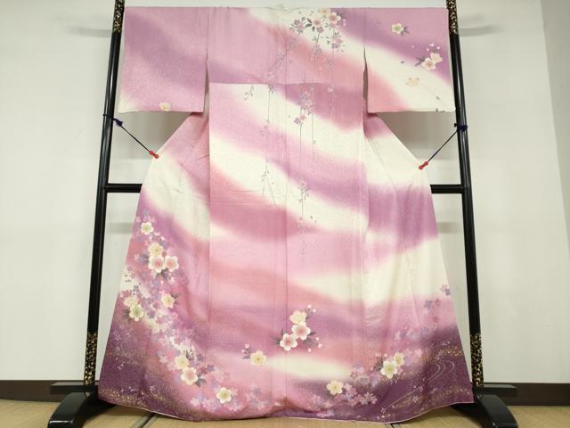 平和屋着物●訪問着 駒刺繍 流水舞桜文 金彩 銀通し地 正絹 逸品 DABD9509ud