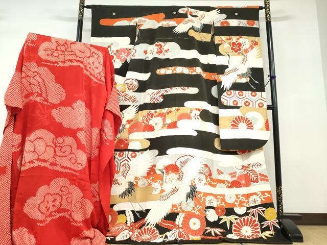 平和屋本店●アンティーク 大正ロマン 振袖 長襦袢(袷)セット 駒刺繍 飛鶴草花文 半衿刺繍 正絹 逸品 DABD9538ud