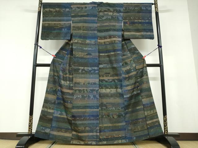 平和屋着物●小千谷紬 百柄 横段草花文 正絹 逸品 DABD9553ud