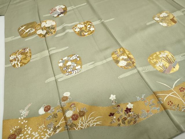 平和屋着物●訪問着 駒刺繍 陶器飛鶴草花文 金彩 正絹 逸品 DABD9555ud