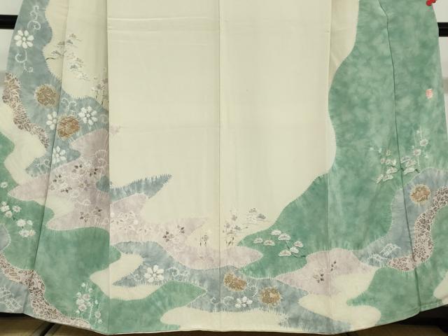 平和屋着物●十日町 名門 滝泰謹製 訪問着 手描き 絞り 雲取り草花文 金彩 正絹 逸品 DABD9558ud