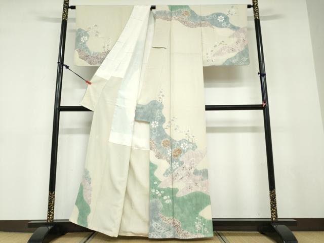 平和屋着物●十日町 名門 滝泰謹製 訪問着 手描き 絞り 雲取り草花文 金彩 正絹 逸品 DABD9558ud