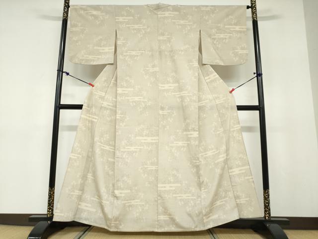 平和屋着物▽本塩沢 単衣 110亀甲 エ霞舞葉文 正絹 逸品 DABD9614ud