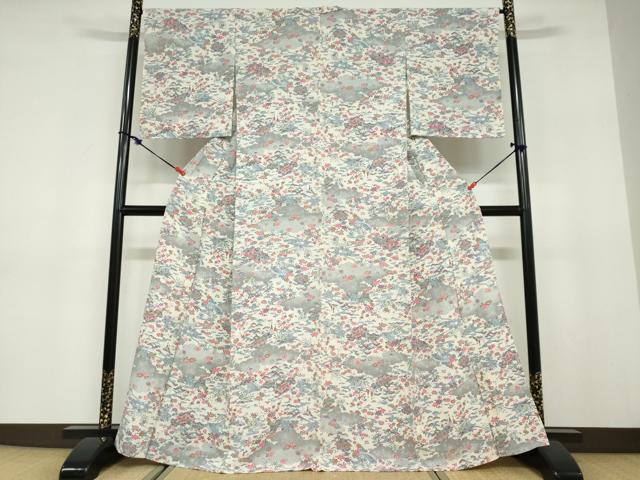 平和屋着物▽上質な小紋 単衣 雲取り流水風景草花文 正絹 逸品 DABD9622ud