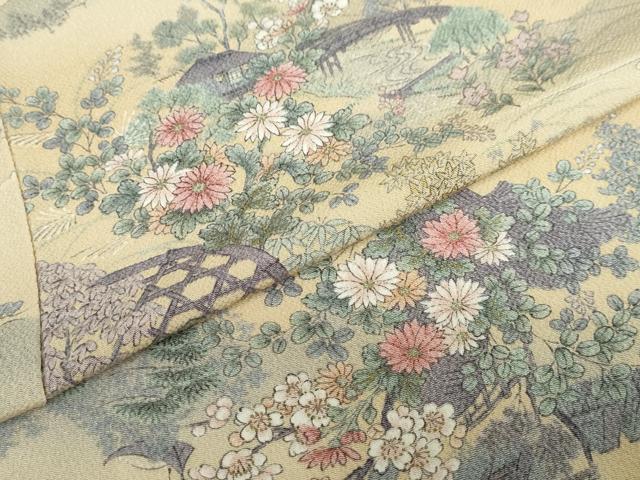 平和屋着物▽上質な小紋 単衣 流水風景草花文 鬼しぼ縮緬 正絹 逸品 DABD9635ud