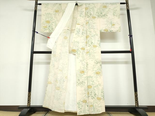 平和屋着物▽上質な小紋 単衣 手描き 草花文 金彩 鬼しぼ縮緬 正絹 逸品 DABD9640ud