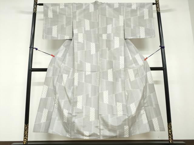 平和屋着物▽上質な紬 単衣 絞り 変わり格子文 正絹 逸品 DABD9641ud