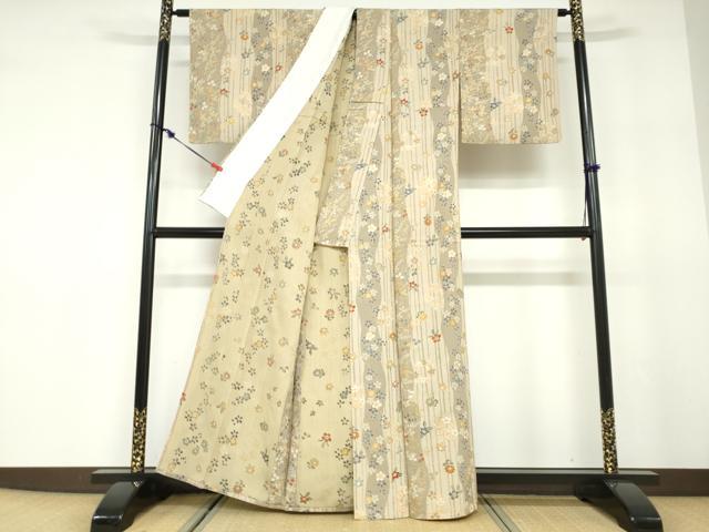 平和屋着物▽上質な小紋 単衣 草花文 金彩 鬼しぼ縮緬 正絹 逸品 DABD9666ud