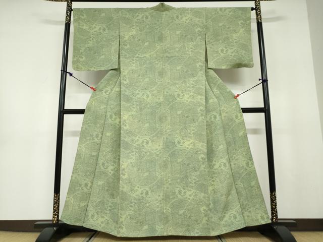 平和屋着物▽上質な小紋 単衣 動物花絵皿文 反端付き 正絹 逸品 DABD9671ud