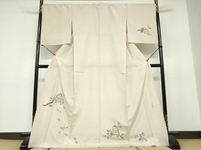 平和屋着物▽訪問着 単衣 作家物 紬地 手描き 梟 ふくろう 金彩 ロング丈 正絹 逸品 DABD9676ud