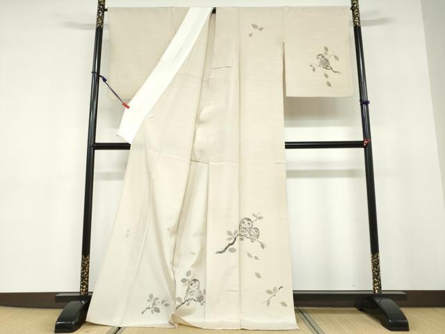 平和屋着物▽訪問着 単衣 作家物 紬地 手描き 梟 ふくろう 金彩 ロング丈 正絹 逸品 DABD9676ud