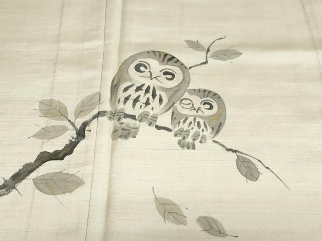 平和屋着物▽訪問着 単衣 作家物 紬地 手描き 梟 ふくろう 金彩 ロング丈 正絹 逸品 DABD9676ud