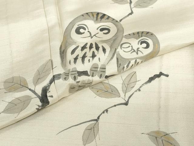 平和屋着物▽訪問着 単衣 作家物 紬地 手描き 梟 ふくろう 金彩 ロング丈 正絹 逸品 DABD9676ud