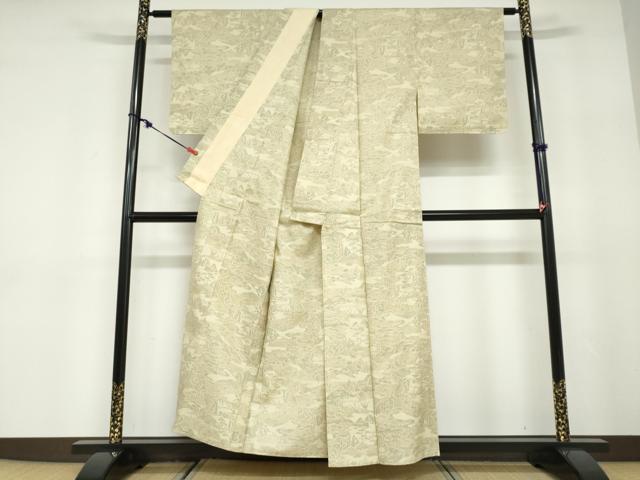 平和屋着物▽上質な紬 単衣 風景文 正絹 逸品 DABD9704ud