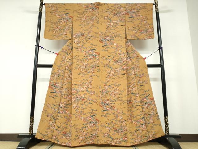 平和屋着物●上質な小紋 型染め 風景草花文 鬼しぼ縮緬 正絹 逸品 未使用 DABD9754ud
