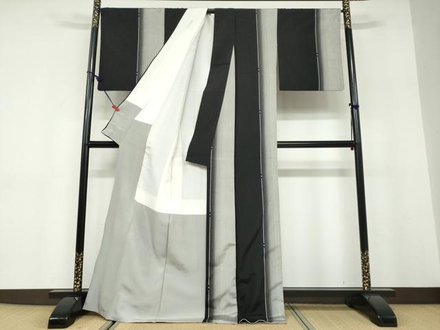 平和屋着物●上質な紬 変わり縞間道 黒地 正絹 逸品 DABD9766ud